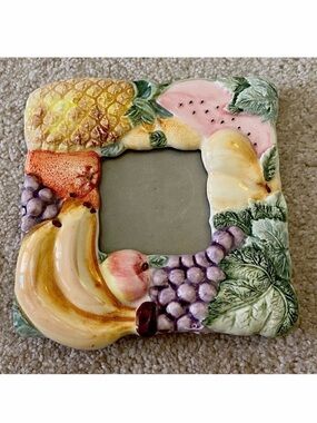 Ceramic Colorful Fruit Photo Frame Square Kitchen Cottage Banana Grapes Pears